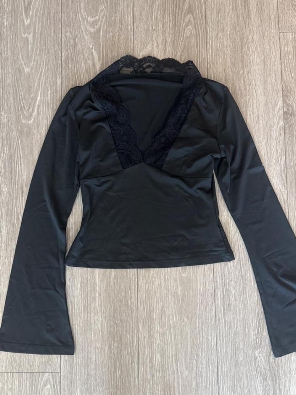 Black Lace Trim V-Neck Long Bell Sleeve Top